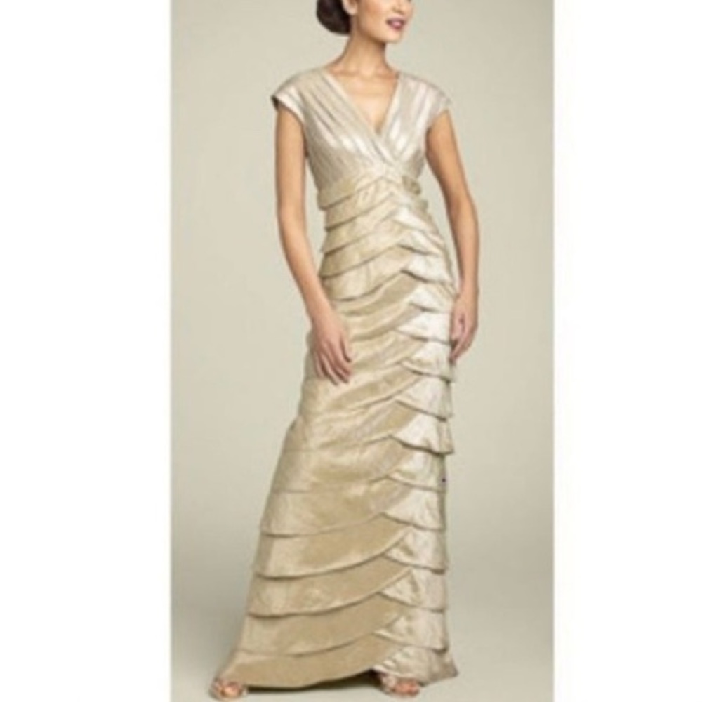 Adrianna Papell Gold Tiered Ruffle Long Dress